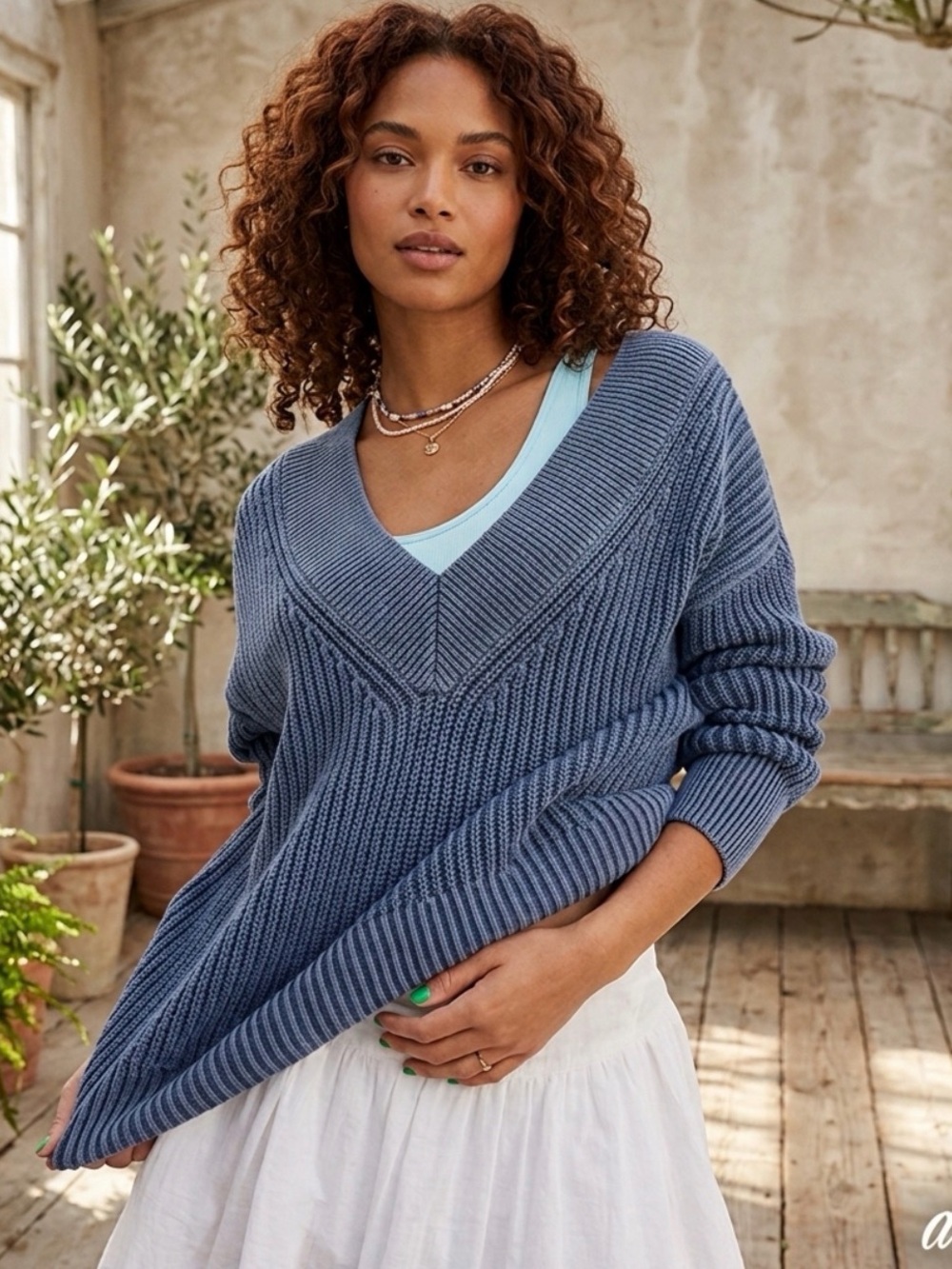 aerie Wide V-Neck Oversized Pullover in Dusty Blue XL